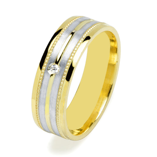 Alianza Los en Oro Bicolor Facetado Diamantado 2 Líneas en Satinado de 6 mm con Diamante