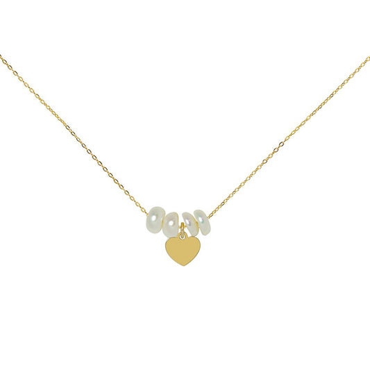 Cadena y Colgante con Perlas y Corazón en Oro Amarillo 9 Kilates
