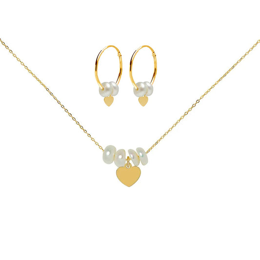 Conjunto de Cadena y Colgante y Pendientes con Perlas y Corazón en Oro Amarillo 9 Kilates