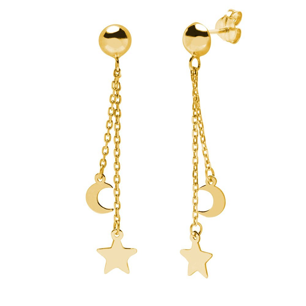 Pendientes Largos Luna y Estrella en Oro Amarillo Kilates