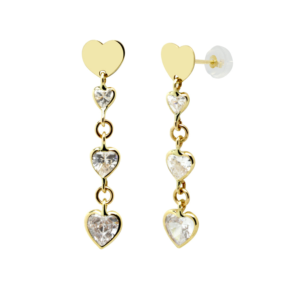 Pendientes Largos con Corazones y Circonitas en Oro Amarillo Kilates