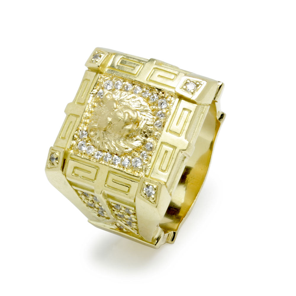 Sello Hombre Cuadrado León con Greca y Circonitas en Oro Amarillo 18 K