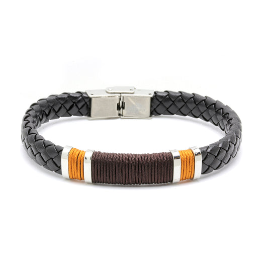 Pulsera Hombre Bob Naranja Cuero Negro y Acero