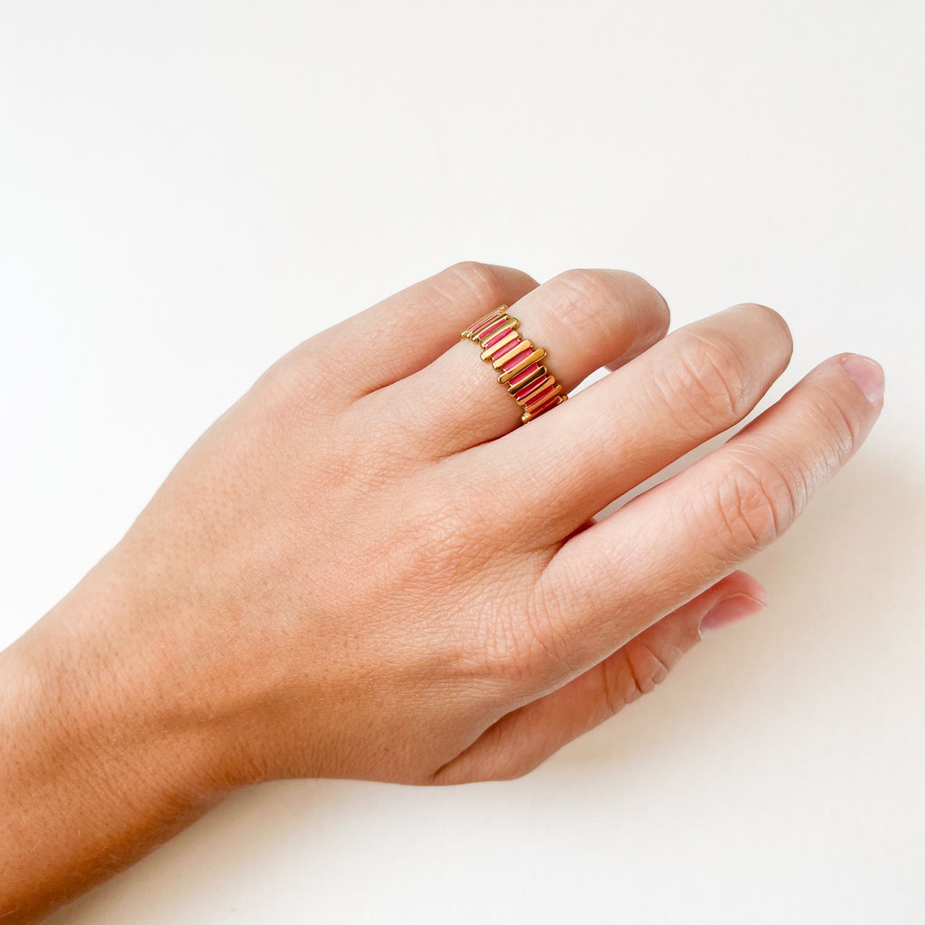 Anillo de Acero Inoxidable con Barras de Nácar
