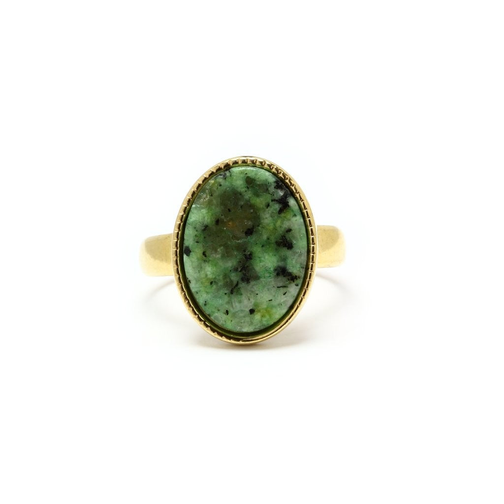 Anillo Mármol Verde Ajustable de Acero Dorado