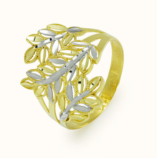 Anillo Ancho Hojas Satinadas Oro Bicolor 9 Kilates