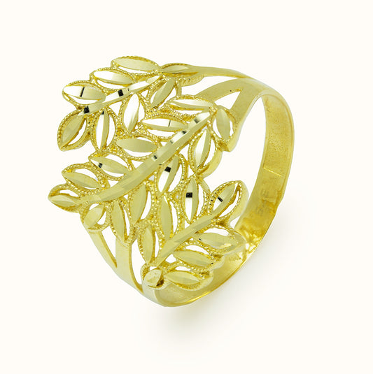 Anillo Ancho Hojas Satinadas Oro Amarillo 9 Kilates