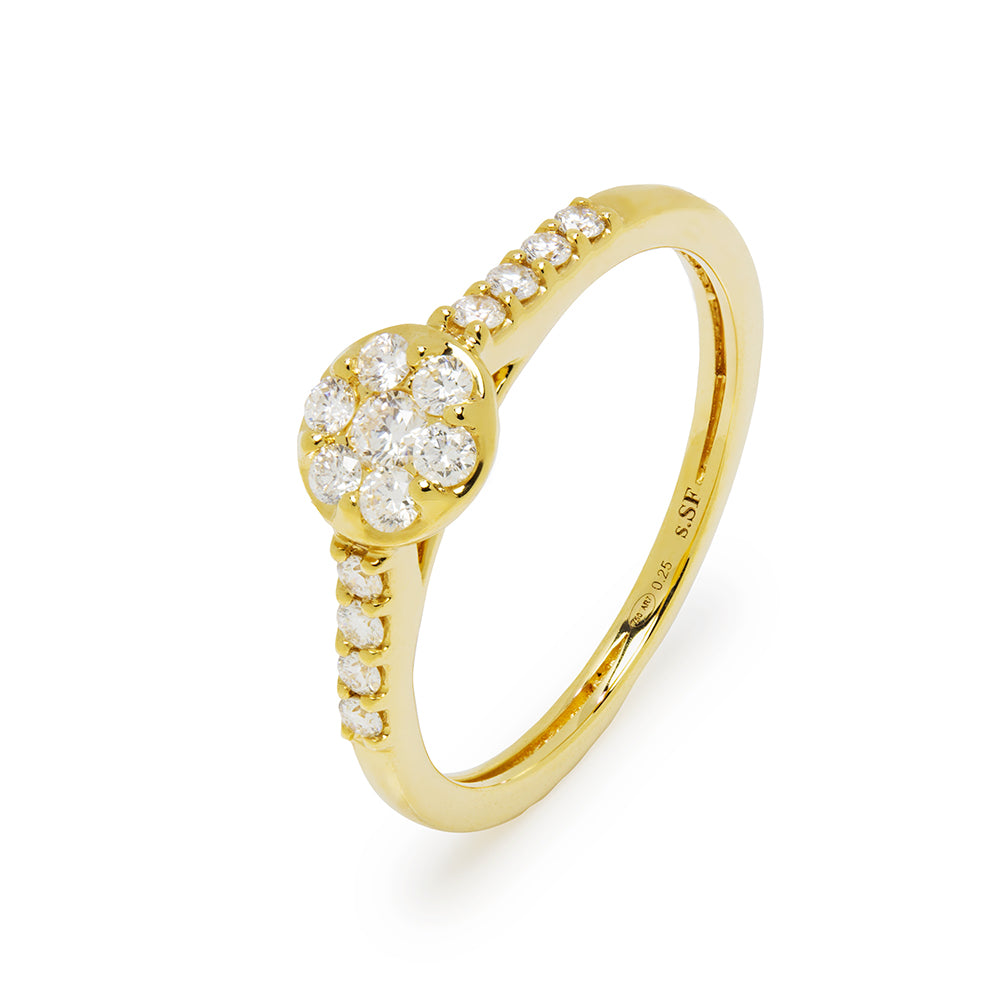 Anillo Americano Rosetón de Diamantes 0,76 Quilates Oro Amarillo 18 Kilates