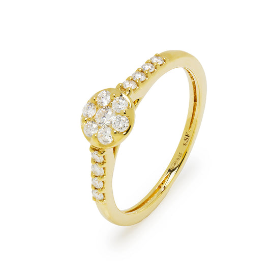 Anillo Americano Rosetón de Diamantes 0,76 Quilates Oro Amarillo 18 Kilates