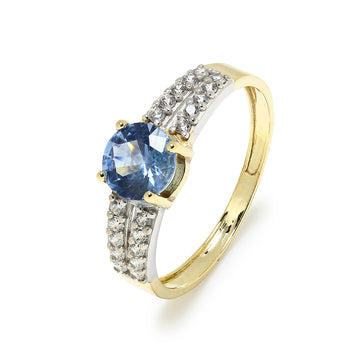 Anillo Solitario Americano con Circonita Turmalina Paraiba en Oro Amarillo 9 Kilates