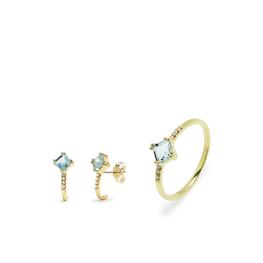 Conjunto Saori Anillo y Pendientes con Topacio Azul y Diamantes en Oro Amarillo 9 Kilates