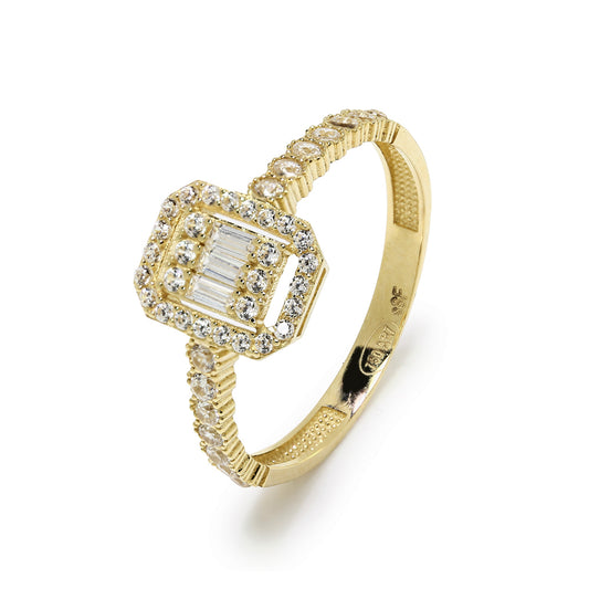 Anillo Gisele Cuadrado con 3 Circonitas Baguette en Oro Amarillo 9 Kilates