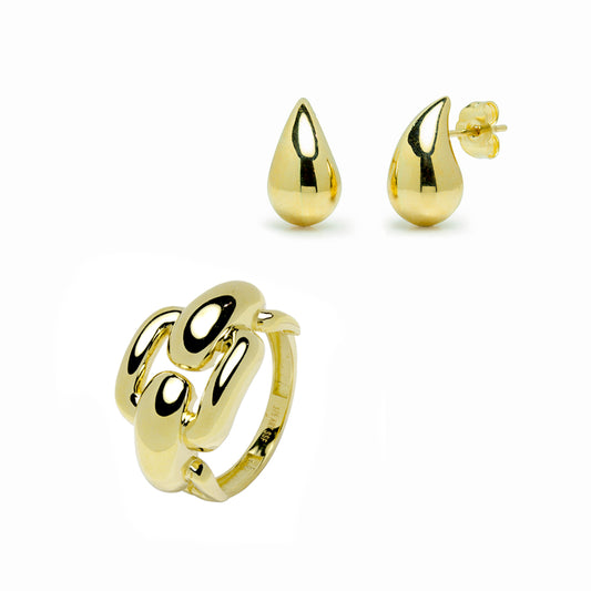 Conjunto Drop Anillo y Pendientes en Oro Amarillo de 9 Kilates