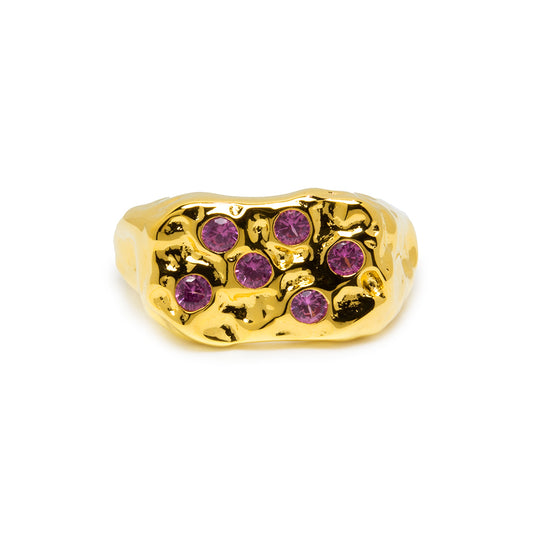 Anillo Rectangular Circonitas Rosas en Plaqué Oro Tesi García