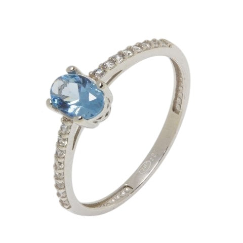 Anillo Isobel Solitario Americano con Circonita Aguamarina en Oro Blanco 9 Kilates