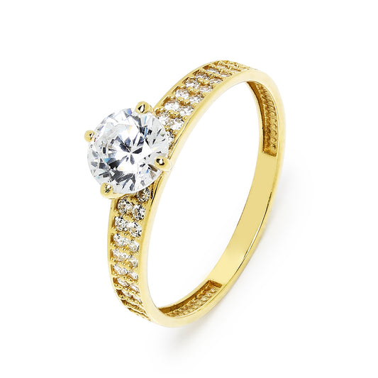 Anillo Ginny Solitario Americano con Circonita en Oro Amarillo 18 Kilates