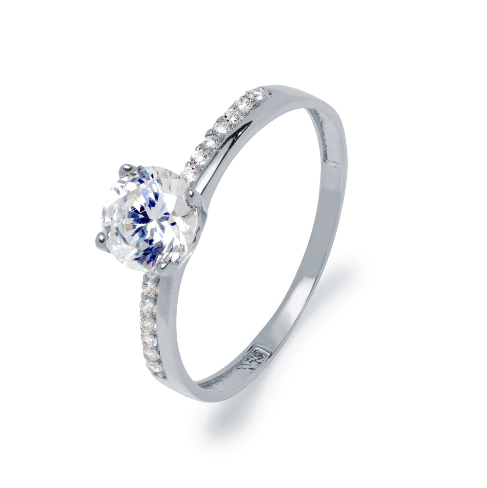 Anillo Solitario de Oro Blanco de 9 Quilates con Circonita
