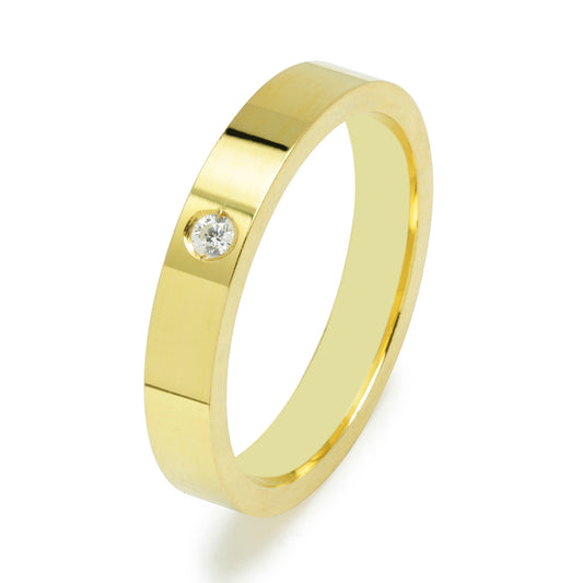 Alianza Fel Plana en Oro Amarillo Pulido de 3,5 mm con Diamante
