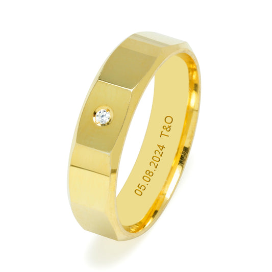 Alianza de Boda Oco Facetado Pulida en Oro Amarillo de 5 mm con Diamante