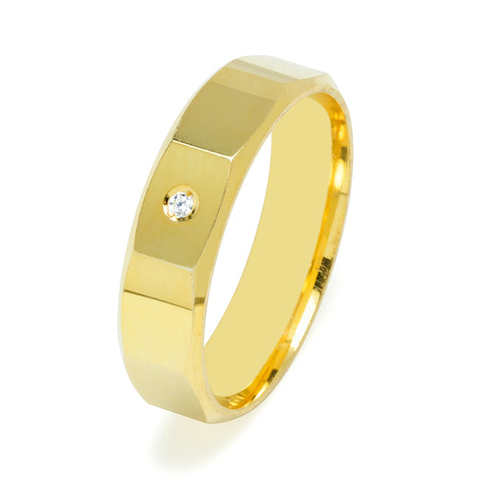 Alianza Oco Facetado Pulida en Oro Amarillo de 5 mm con Diamante