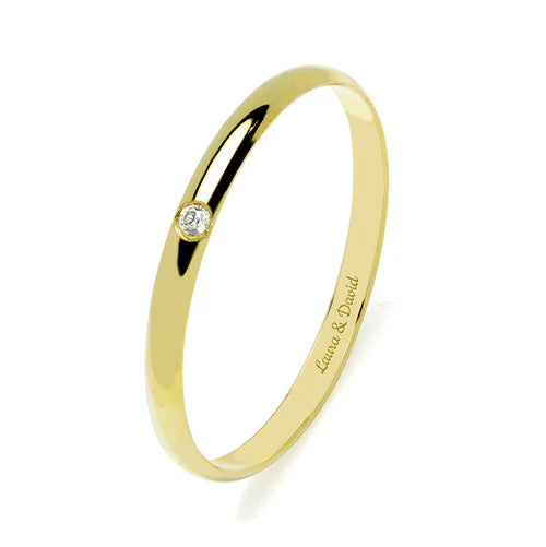 Alianza de Boda Media Caña en Oro Amarillo Pulido de 2 mm con Diamante