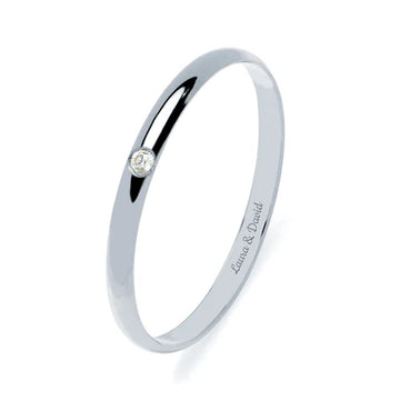 Alianza de Boda Media Caña en Oro Blanco Pulido de 2 mm con Diamante