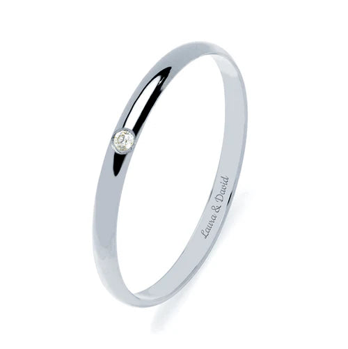 Alianza de Boda Media Caña en Oro Blanco Pulido de 2 mm con Diamante