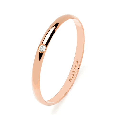 Alianza de Boda Media Caña en Oro Rosa Pulido de 2 mm con Diamante