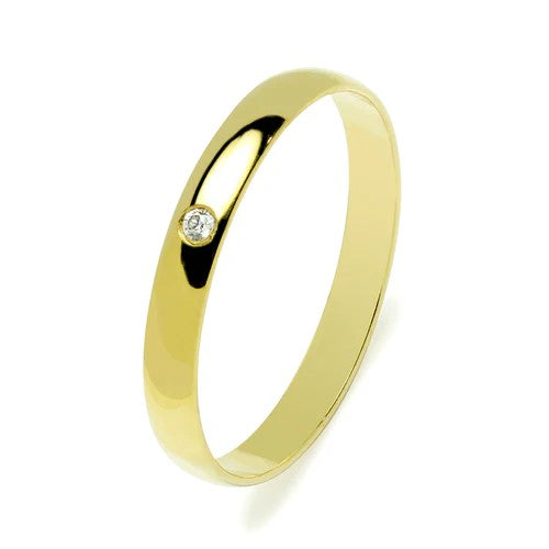Alianza de Boda Media Caña en Oro Amarillo Pulido de 3 mm con Diamante