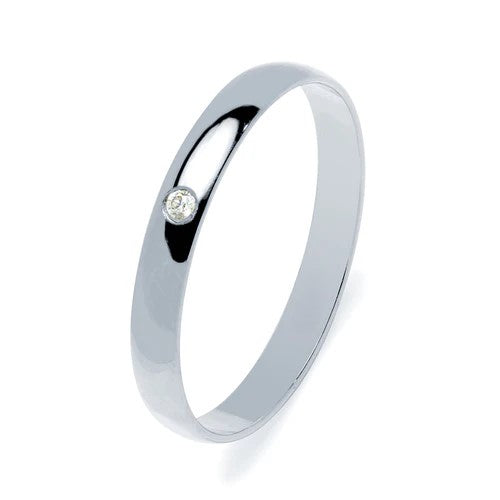 Alianza de Boda Media Caña en Oro Blanco Pulido de 3 mm con Diamante