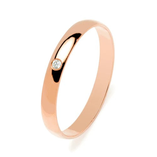 Alianza de Boda Media Caña en Oro Rosa Pulido de 3 mm con Diamante