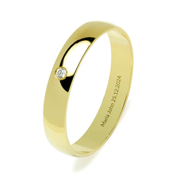 Alianza de Boda Media Caña en Oro Amarillo Pulido de 4 mm con Diamante