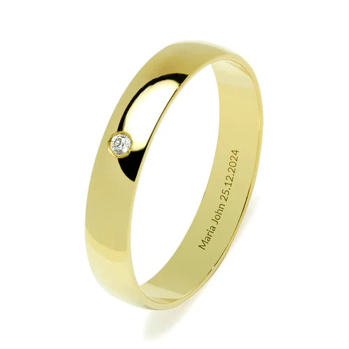 Alianza de Boda Media Caña en Oro Amarillo Pulido de 4 mm con Diamante