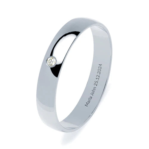 Alianza de Boda Media Caña en Oro Blanco Pulido de 4 mm con Diamante