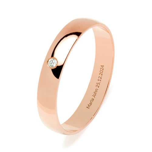 Alianza de Boda Media Caña en Oro Rosa Pulido de 4 mm con Diamante