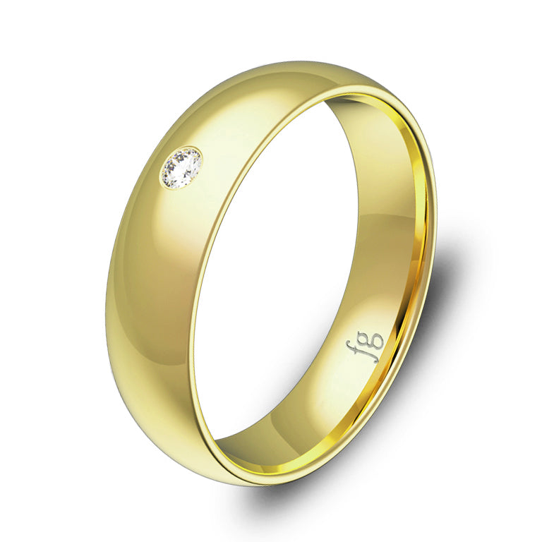 Alianza de Boda Media Caña en Oro Amarillo Pulido de 5 mm con Diamante