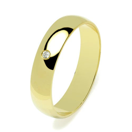 Alianza de Boda Media Caña en Oro Amarillo Pulido de 5 mm con Diamante