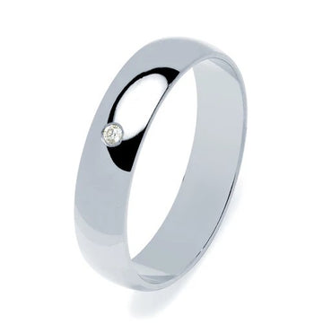 Alianza de Boda Media Caña en Oro Blanco Pulido de 5 mm con Diamante