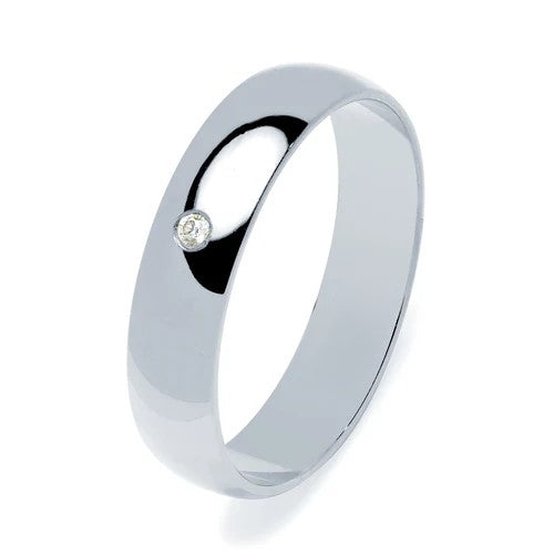 Alianza de Boda Media Caña en Oro Blanco Pulido de 5 mm con Diamante