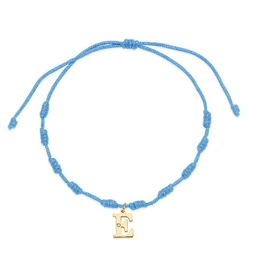 Pulsera Hilo Nudos Azul con Iniciales en Oro Amarillo 9 Kilates y Diamante