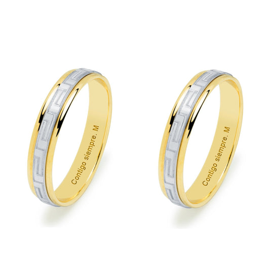 Pareja de Alianzas de Boda Ate en Oro Bicolor 9 Kilates