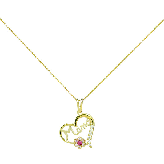 Colgante Mamá Corazón con 1 Flor en Oro Amarillo 9 Kilates y Circonitas