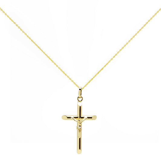 Cruz Tubo con Cristo 26x16 mm en Relieve en Oro Amarillo 9 Kilates