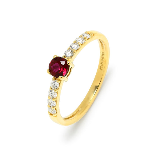 Anillo Inès de Rubí y Diamantes Creados en Oro Amarillo