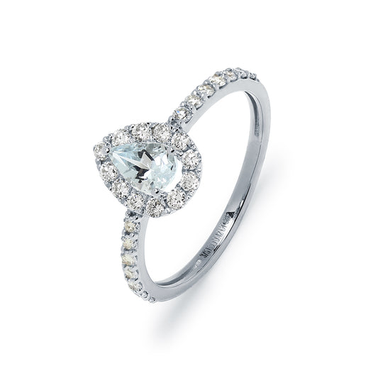 Anillo Sabine de Aguamarina Lágrima y Diamantes Creados en Oro Blanco