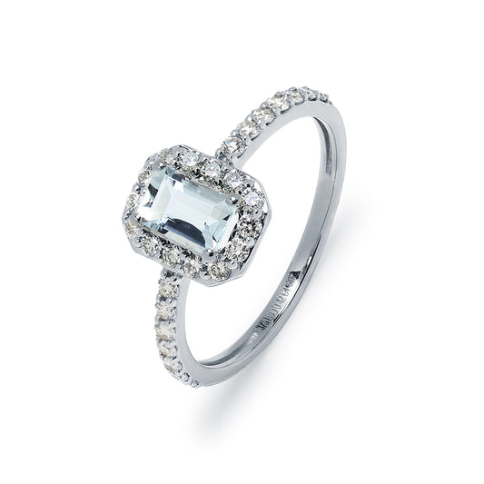 Anillo Sabine de Aguamarina Cuadrado y Diamantes Creados en Oro Blanco