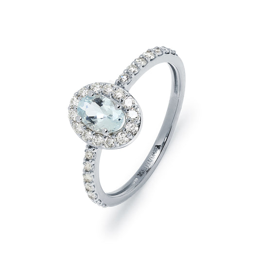 Anillo Sabine de Aguamarina Ovalada y Diamantes Creados 0.87 Quilates en Oro Blanco