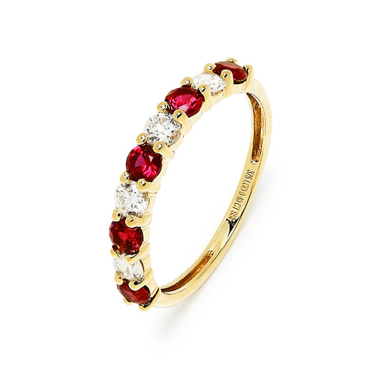 Anillo Media Alianza Estelle de Rubí y Diamantes Creados en Oro Amarillo