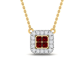 Cadena y Colgante Cuadrado Rubí con 16 Diamantes Creados 0.18 en Vermeil