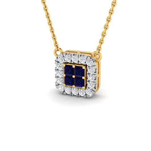 Cadena y Colgante Cuadrado Zafiro con 16 Diamantes Creados 0.18 en Vermeil